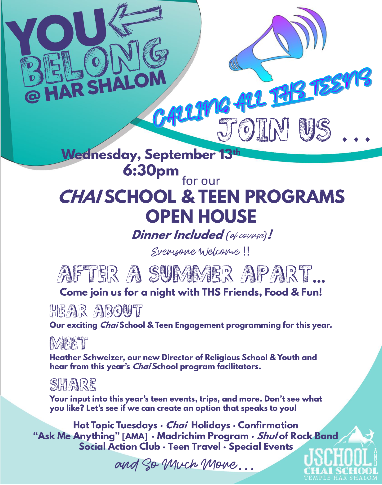 Chai School Open House Temple Har Shalom Reform Temple in Warren, NJ